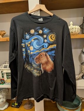 Capybara Starry Night Novelty Black Long Sleeve T-shirt Size XL